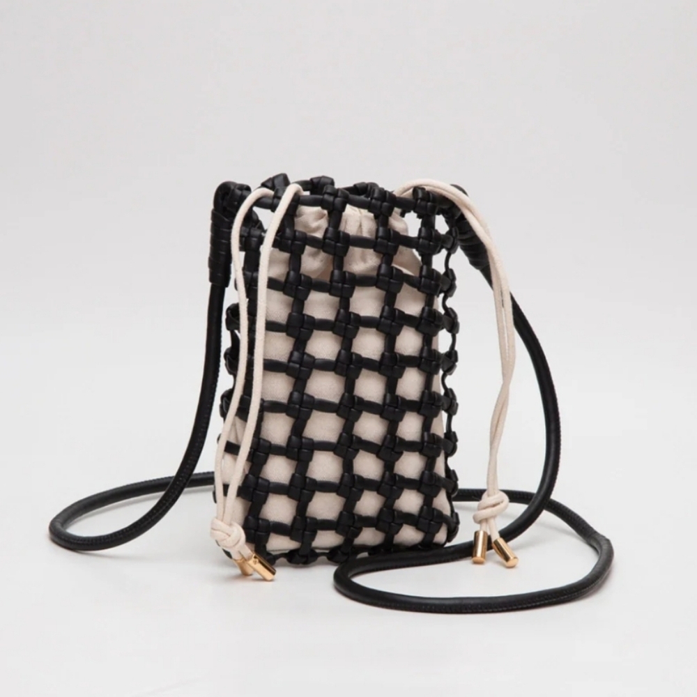Knotted-Woven Leather Crossbody Bag Black